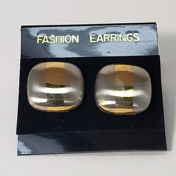 Gold  Silver Dual-Tone Stud Earrings Modern Stripe Design, 0.75” Fashion Jewelry - Picture 3 of 8